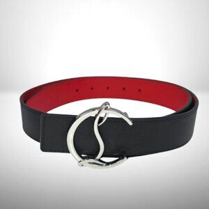 Christian Louboutin Black & Red Leather Belt – Silver CL Logo Buckle – Size 95